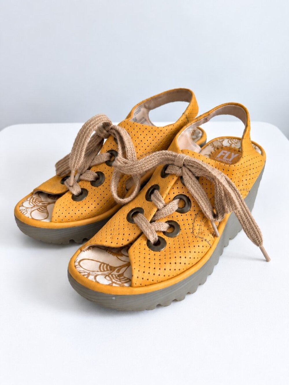 FLY London Boho Mustard Leather Lace Up Slingback Wedge Sandals 38